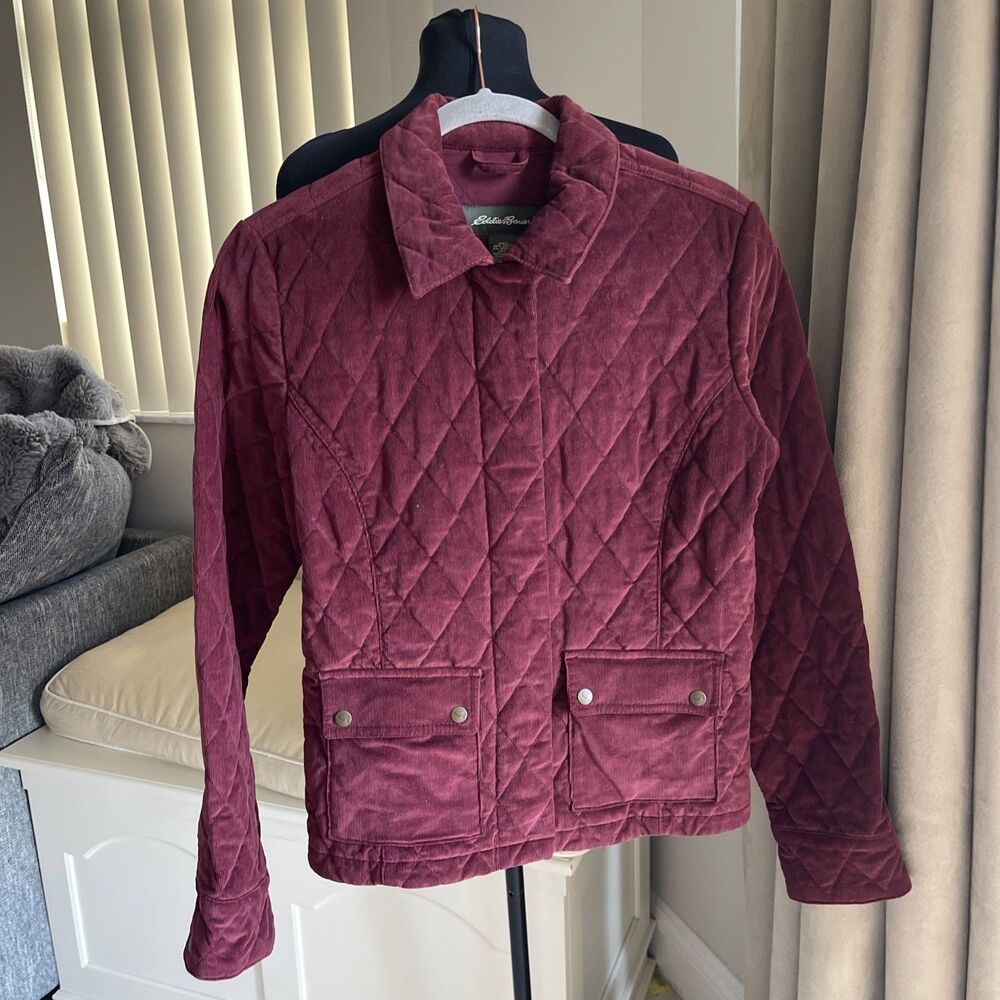NWOT Eddie Bauer Cranberry Red Burgundy Quilted Corduroy Front Pockets Jacket S